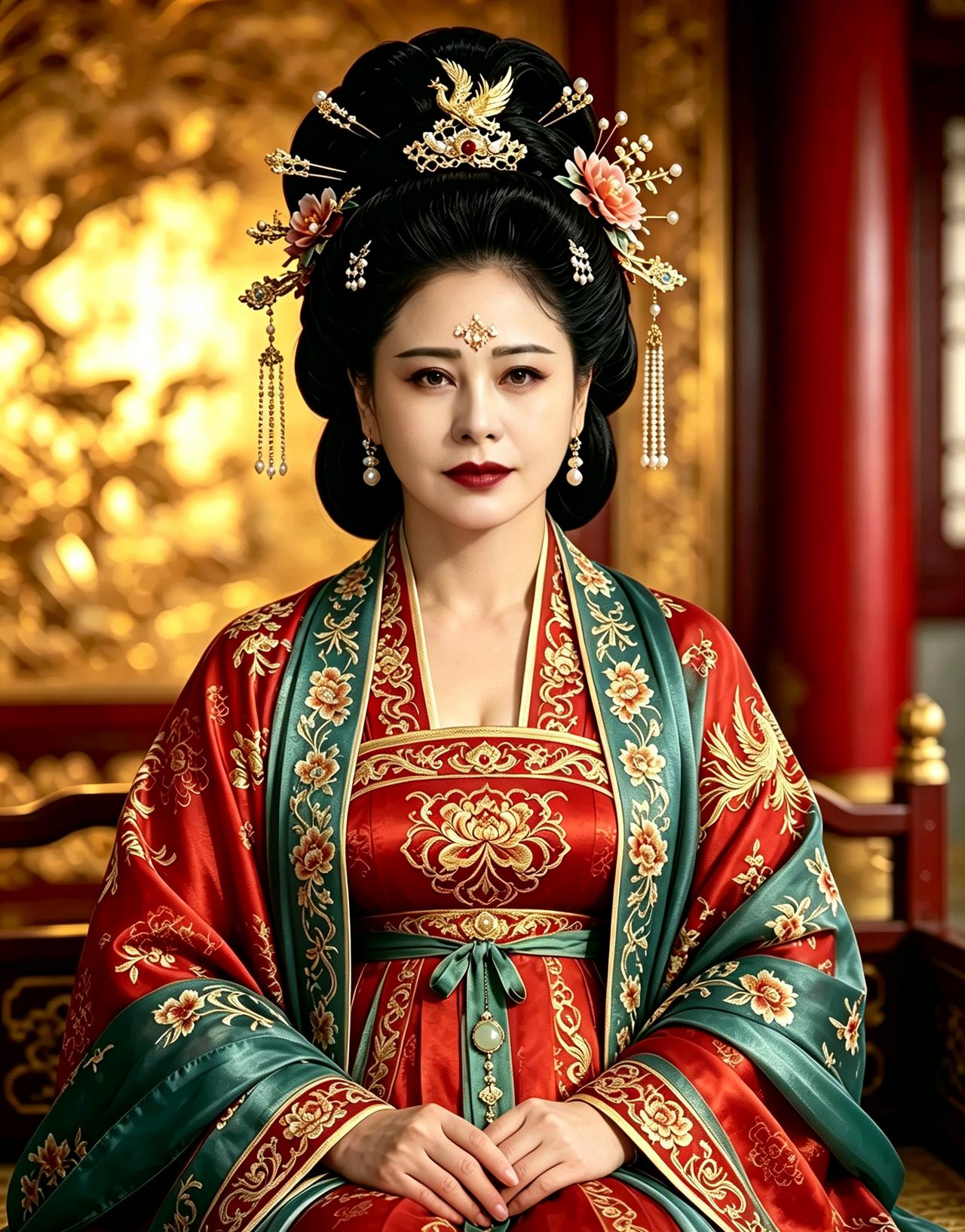 我让豆包ps的武则天形象，大家看哪个更像呢？我发现衣服真是有意思，把绿花边换成黄