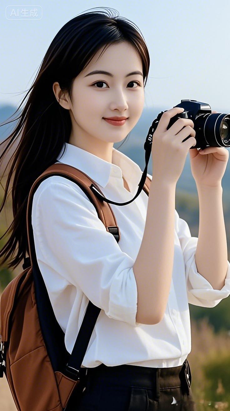 美女穿简约白衬衫黑长裤，挎背包立野地，举相机专注取景，黑发轻扬，眉眼澄澈，画面清