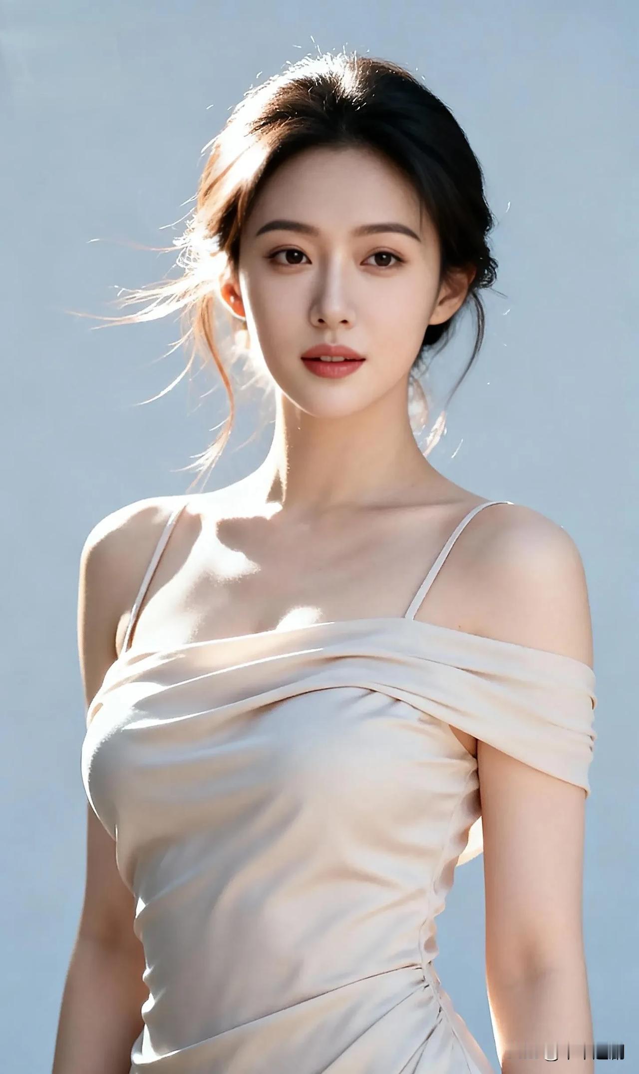 什么样的穿搭可以成为气质女神?
香槟缎面露肩裙衬着晴空，碎发飘拂揉出温柔又清冷的