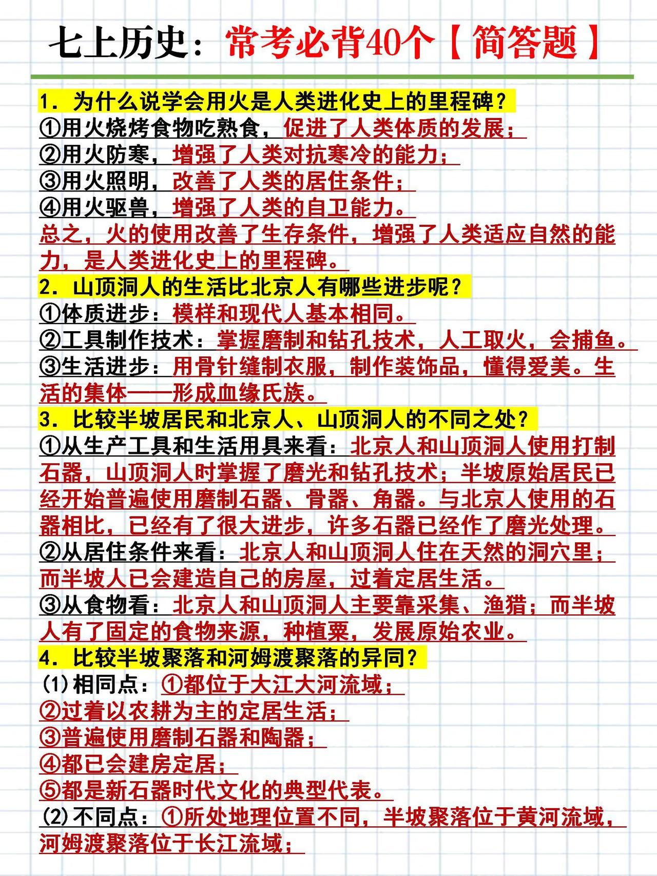 七上历史常考必背的40道简答题