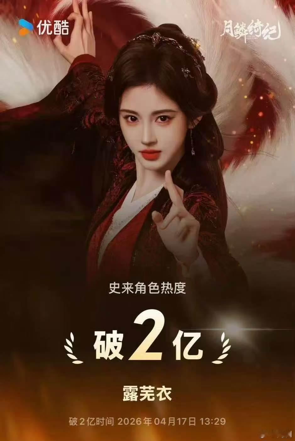 鞠婧祎露芜衣热度破2亿 露芜衣热度破2亿，优酷历史第一人！从角色热度到演技口碑全