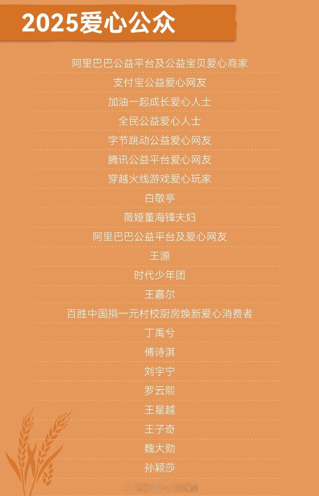 中国乡村发展基金会公布的乡村振兴事业答谢名单2025爱心公众白敬亭、王源、王嘉尔