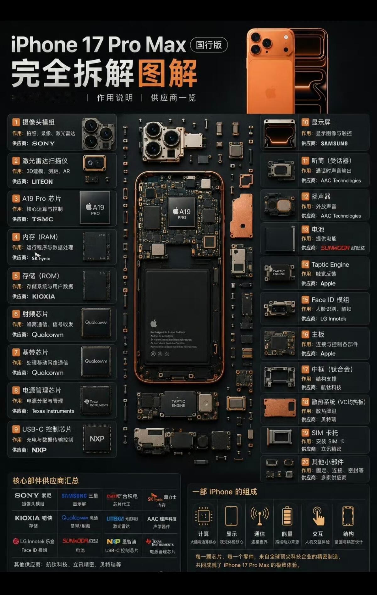iPhone 17 Pro Max完全拆解图排布尽显极致工业美学，整机空间利用率