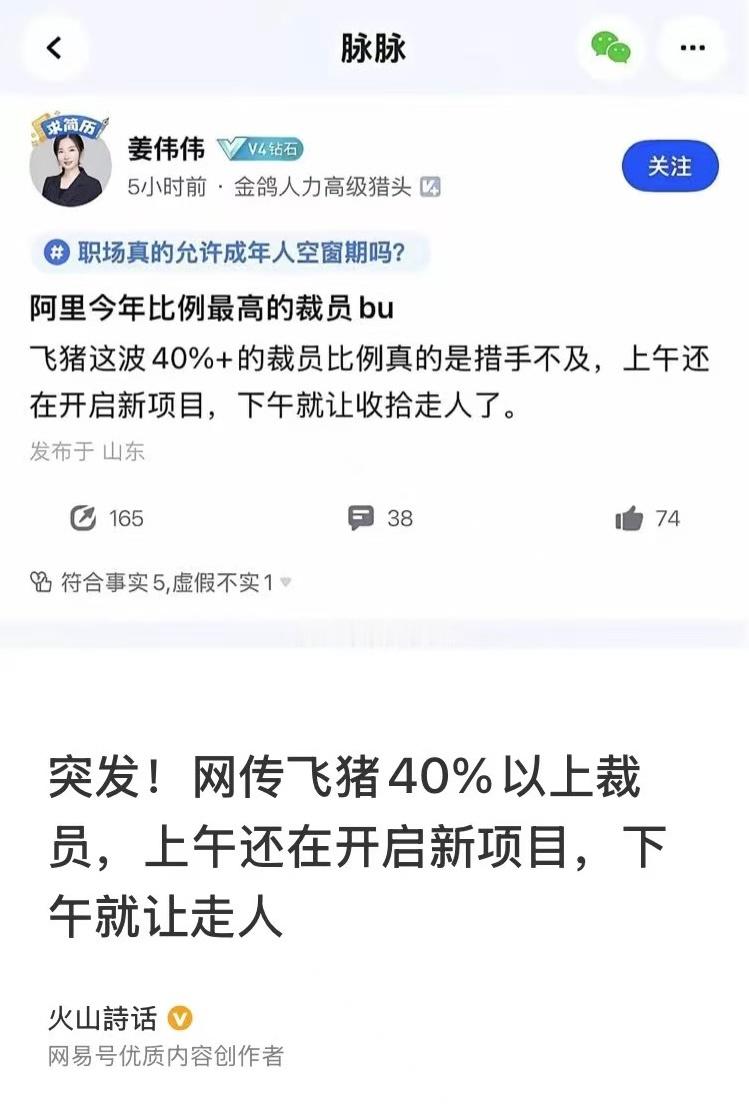 网传阿里巴巴飞猪裁员40%，上午还在开启新项目，下午就让收拾走人。 