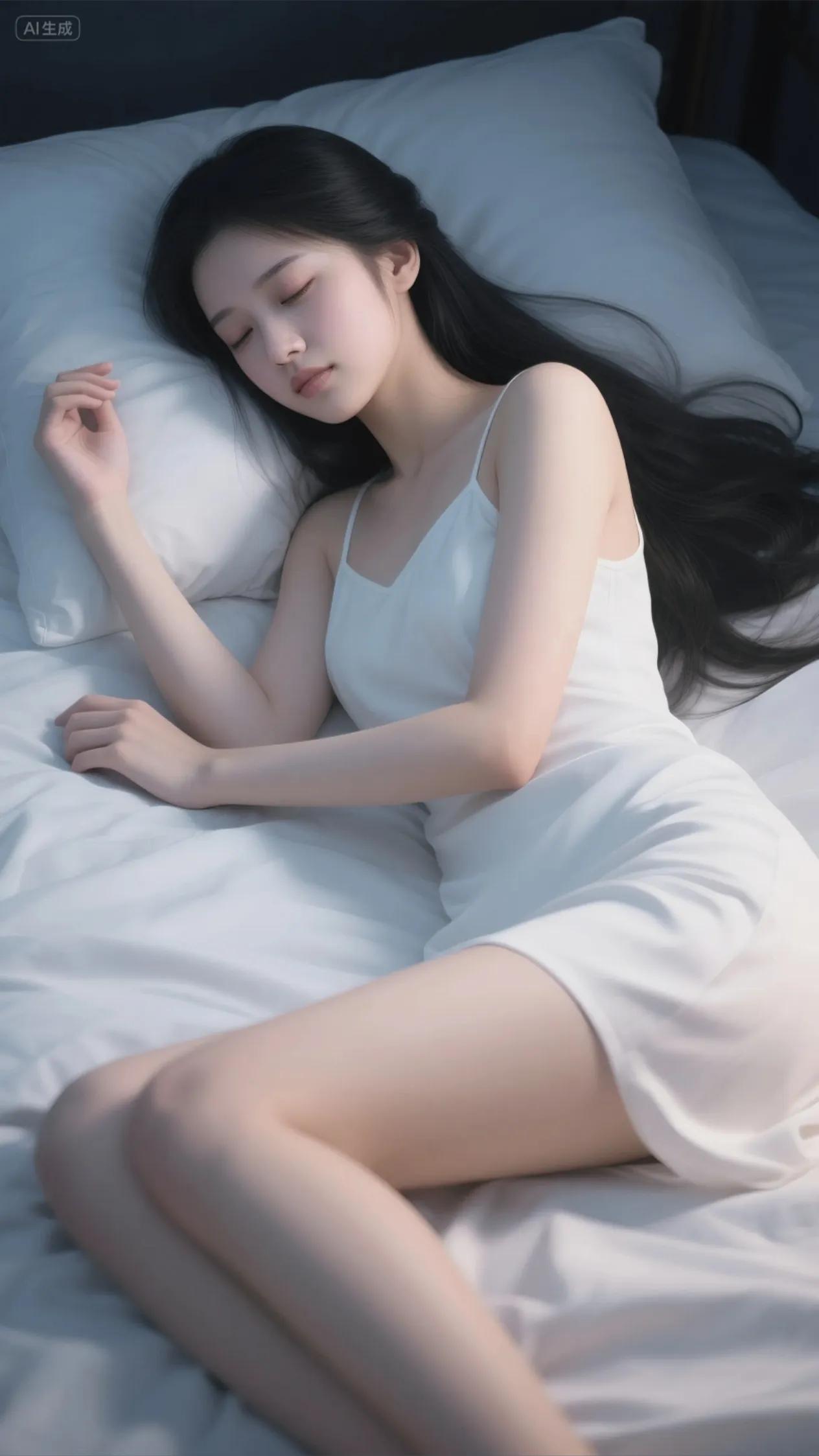素帷轻拢夜如纱，
一枕清梦落鬓华。
长睫敛去尘世扰，
白裙静卧月光家。
呼吸匀作