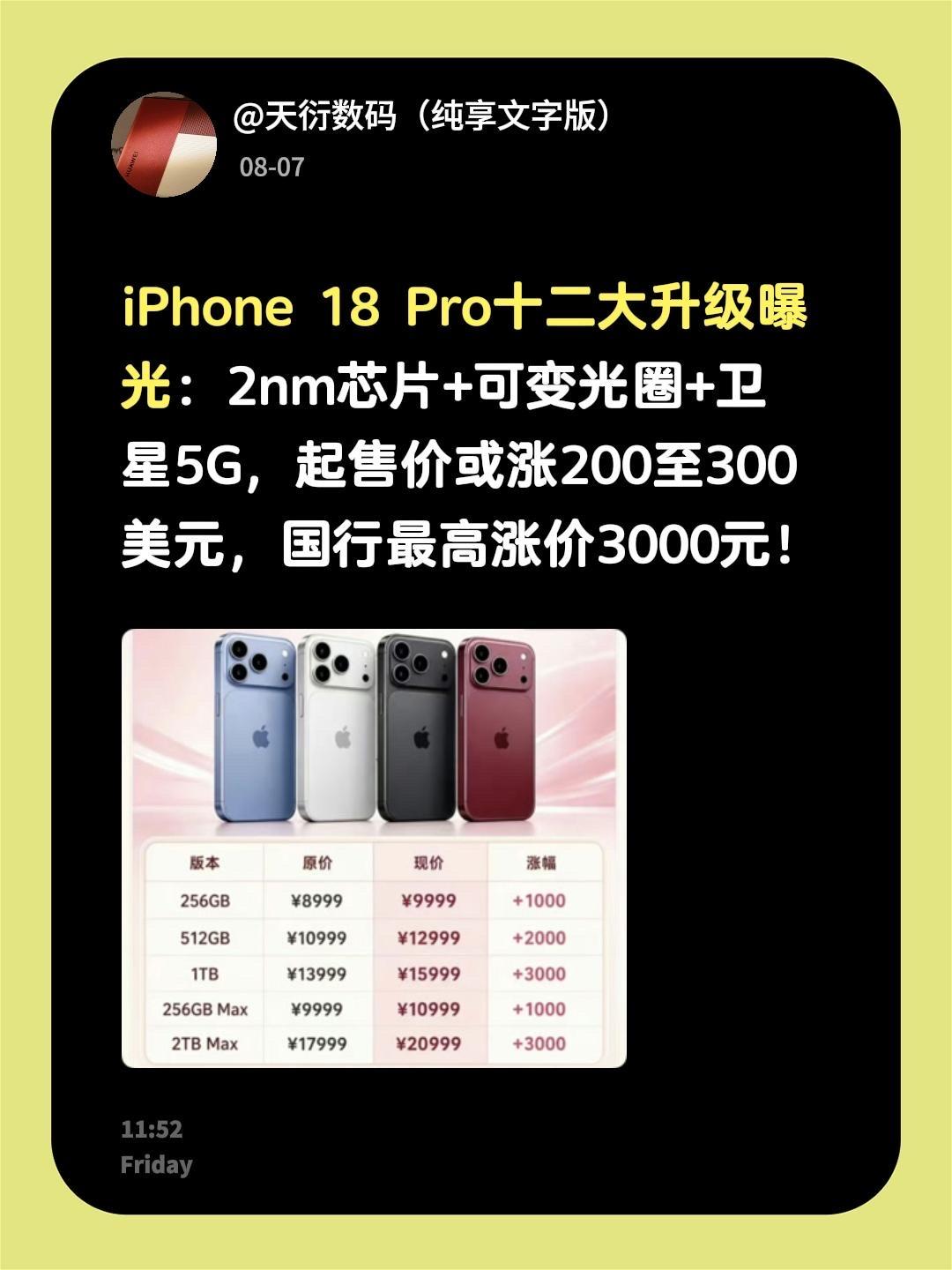 iPhone 18 Pro十二大升级曝光：2nm芯片+可变光圈+卫星5G，起售价
