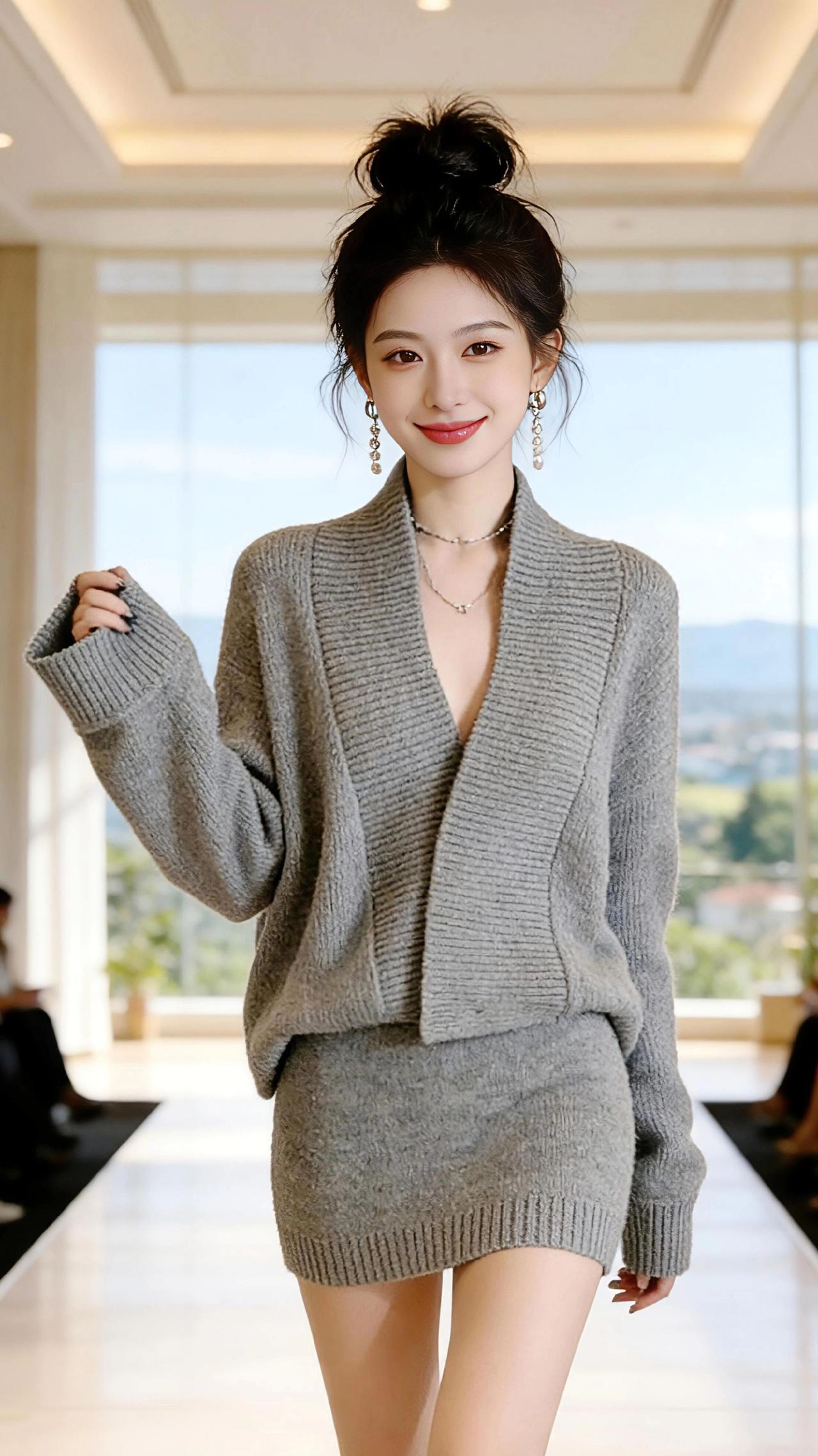 灰织韵影
 
暖光漫过轻奢T台的大理石面，将那抹烟灰色针织的纹路揉成温柔的浪。东