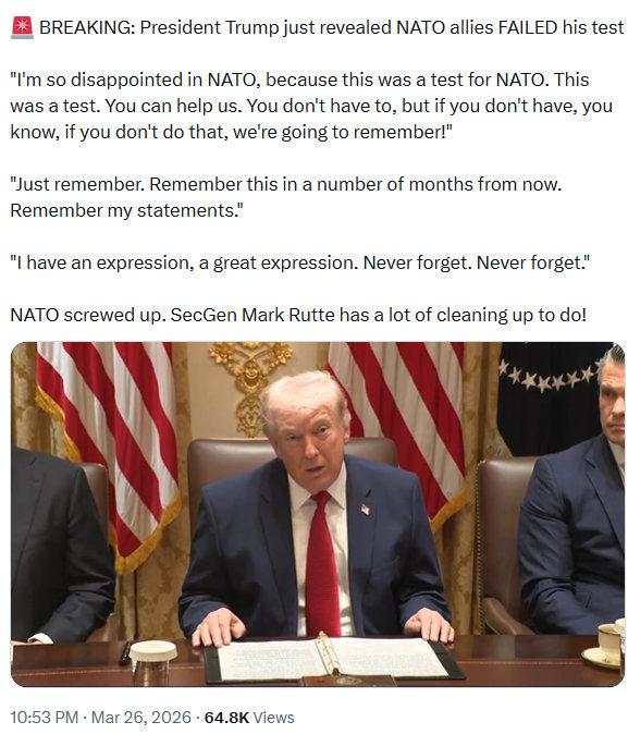 3月26日，特朗普在内阁会议上一边通报对伊朗的战事进展，一边转头骂北约和英国。他