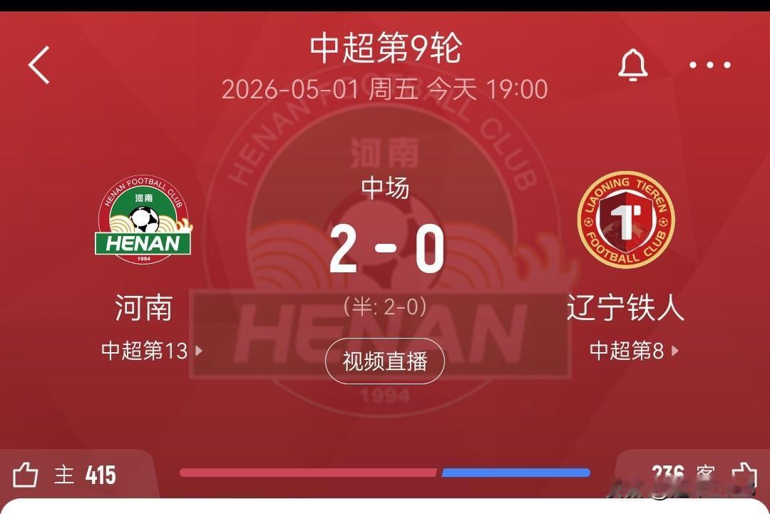 中超第9轮上半场，河南2-0辽宁。

5月1日，中超第9轮，河南主场战辽宁。
上