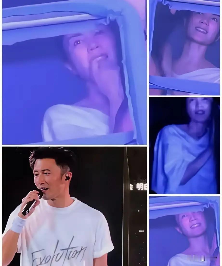真正的内心强大是不需要外在包装修饰的。
网友拍到出现在谢霆锋演唱会上的王菲，一件