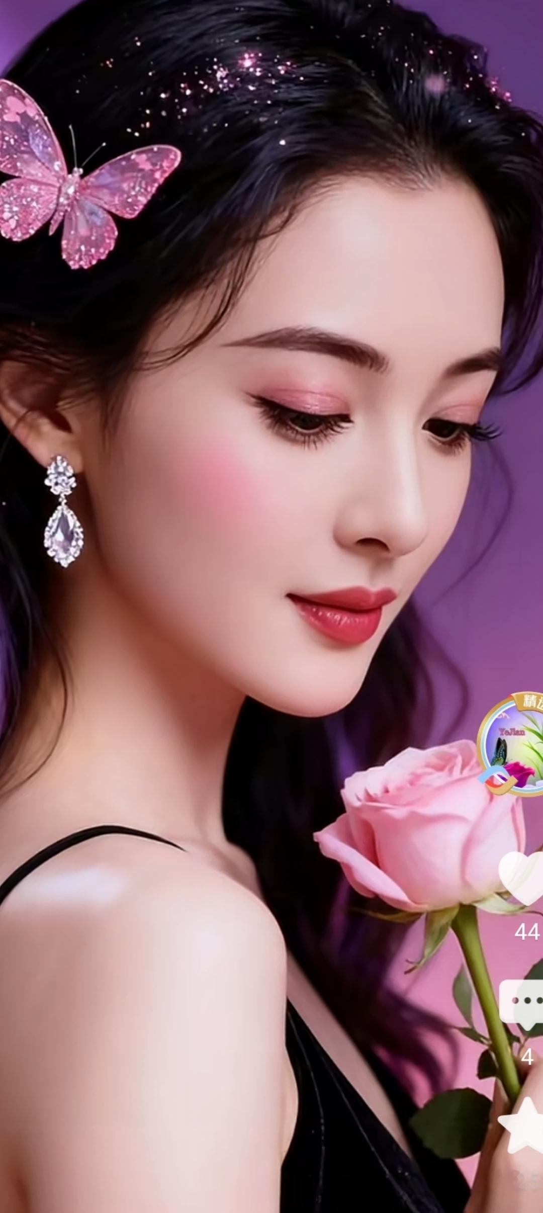 梦幻粉玫瑰，甜美少女心，粉色蝴蝶发饰，优雅动人。