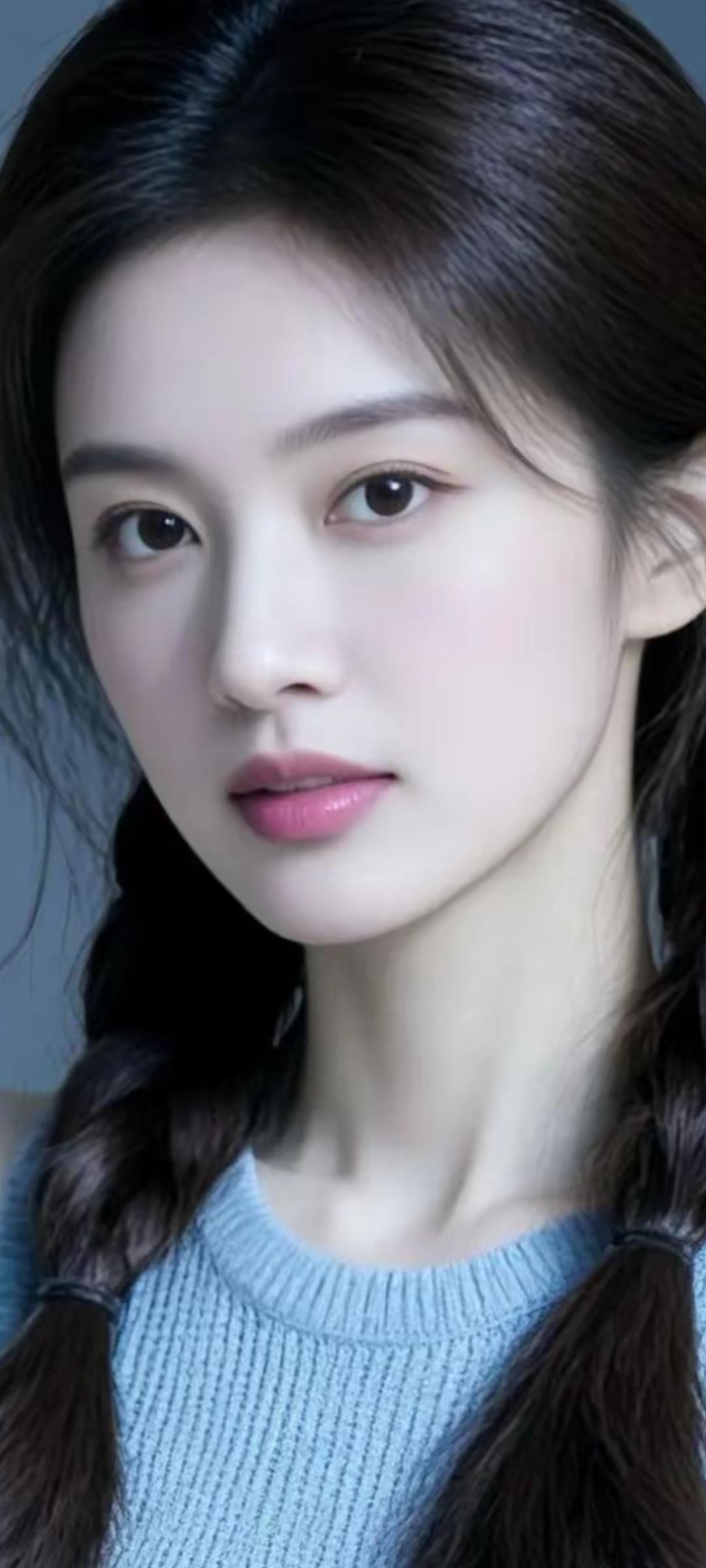 温柔甜美的少女，浅蓝色毛衣，双马尾辫，清新自然。