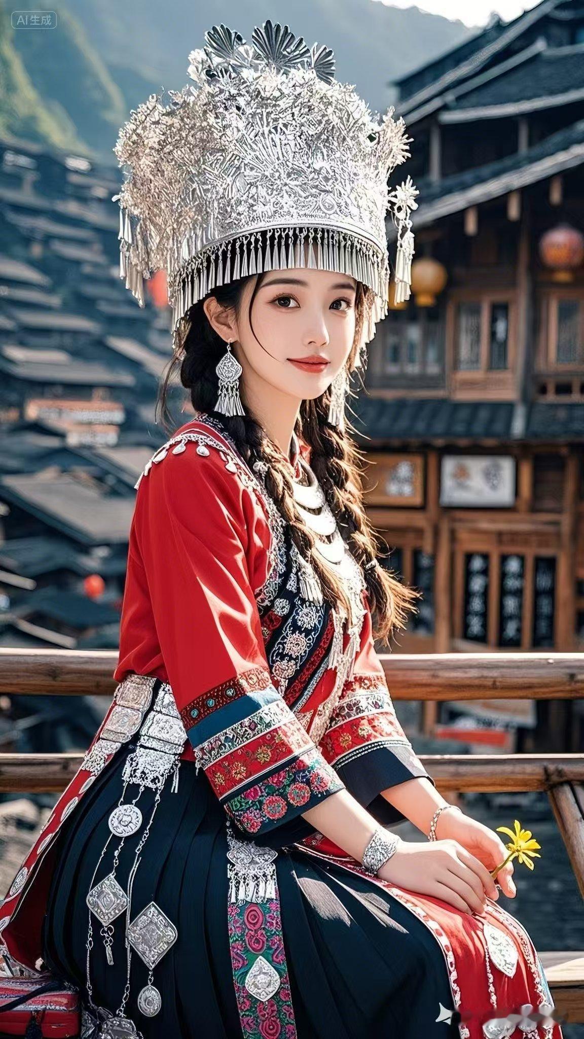 银饰如星，红裙似火，她坐于古寨檐下，手捧小黄花，笑靥如初绽的山野芳华。