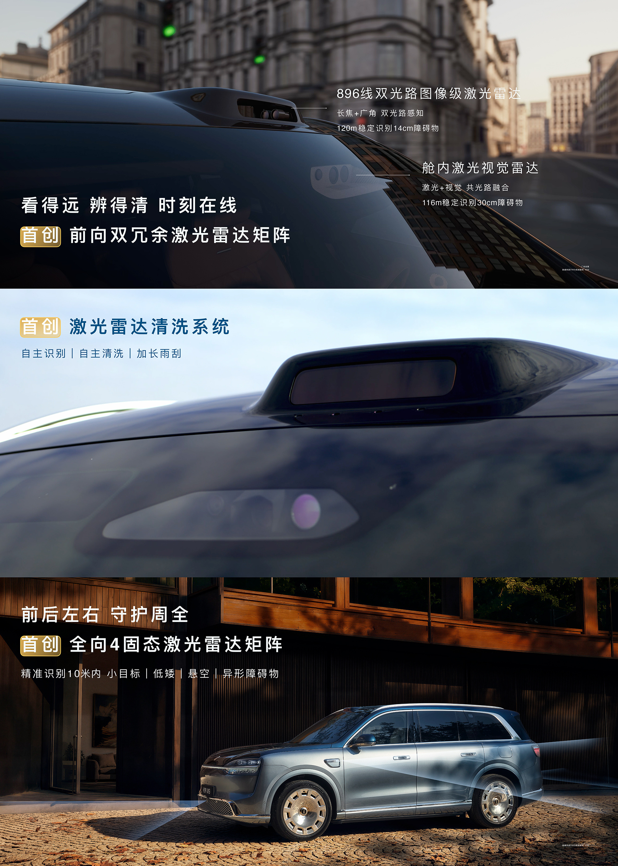 问界M9武装到牙齿的传感器，这个激光雷达清洗很有意思，系统感知脏污后自动清洁。我