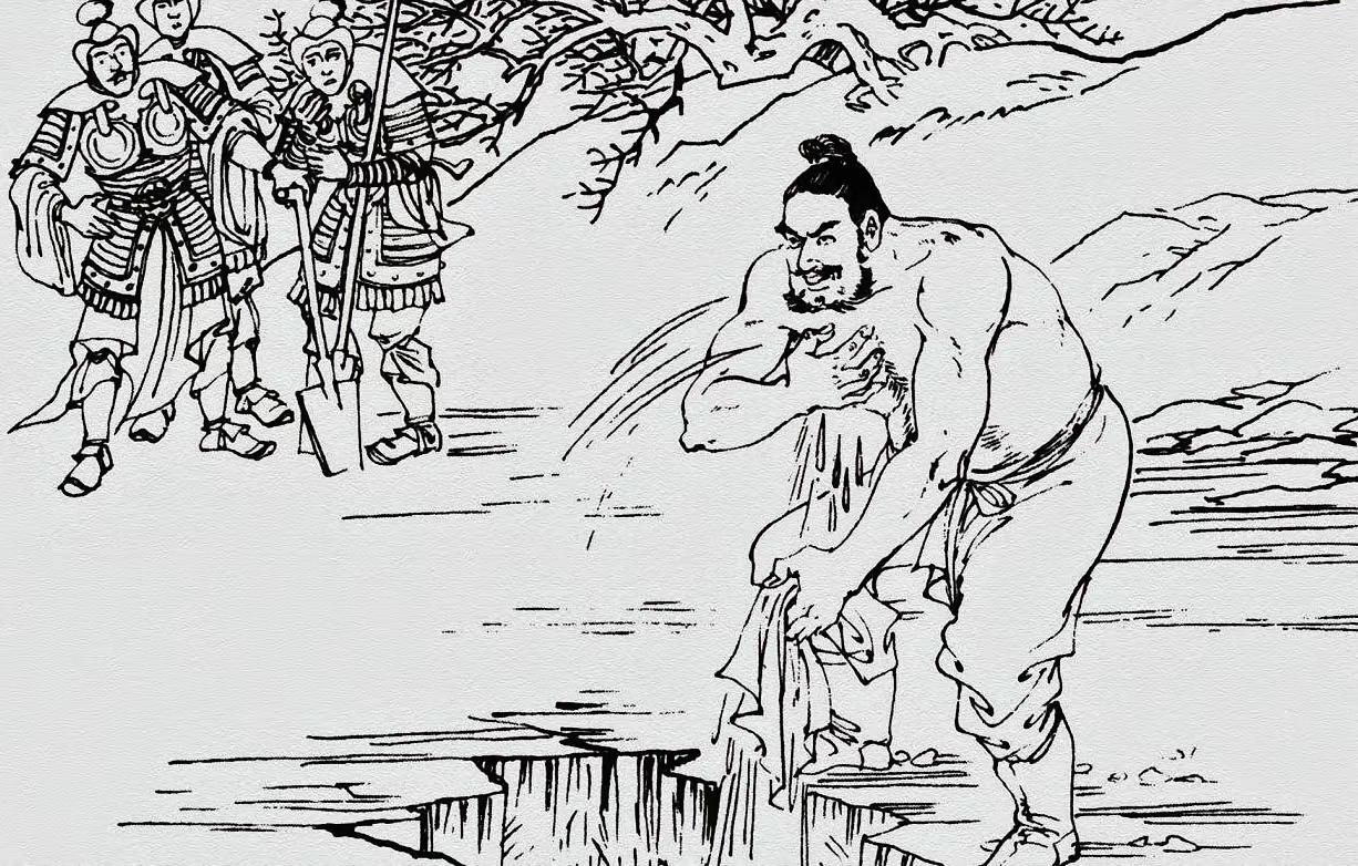 尉迟恭这是怎么了？在严冬时节，兵士们凿开冰面。尉迟恭在冰窟窿里用毛巾擦...