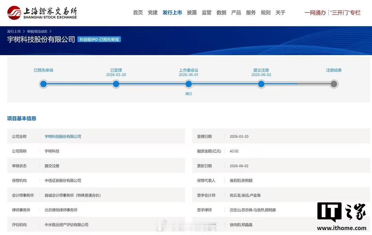 上交所官网显示，宇树科技股份有限公司科创板IPO审核状态变更为"提交注册"，这家