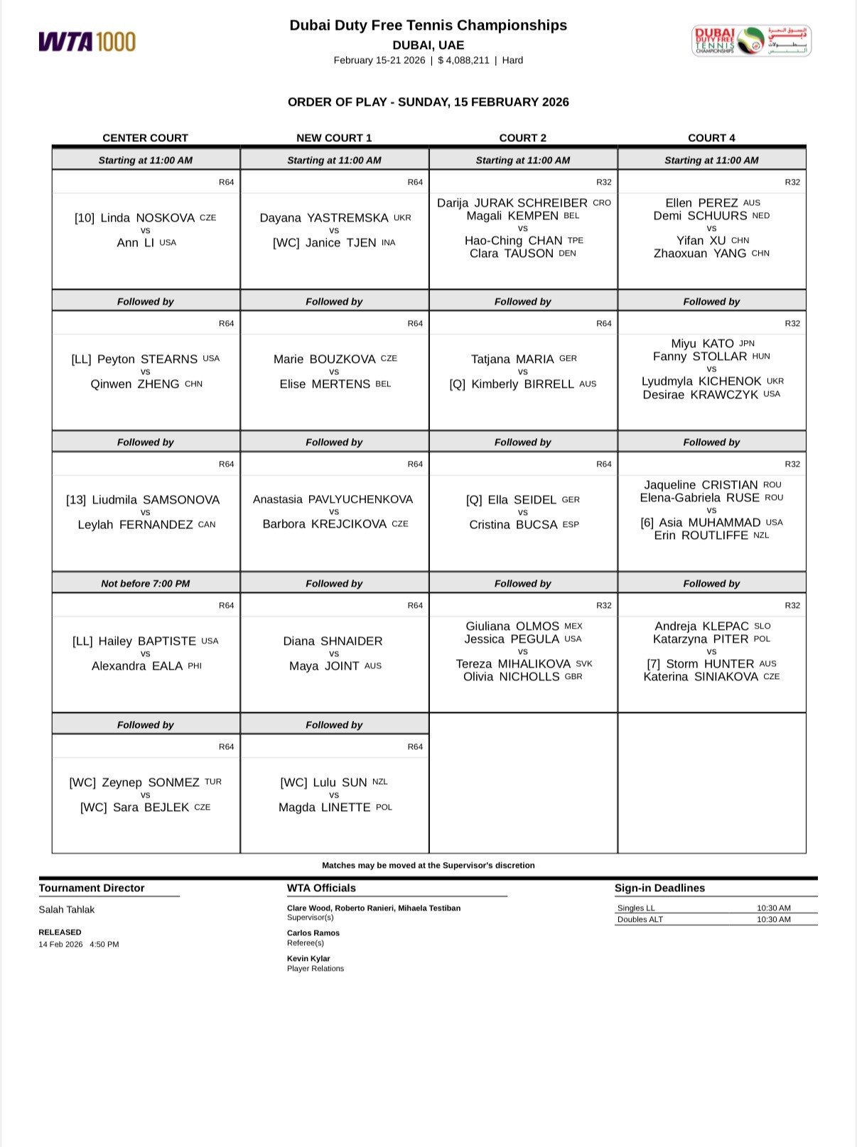 WTA1000迪拜站首日赛程📅诺斯科娃、郑钦文、萨姆索诺娃、梅尔滕斯、克雷吉茨