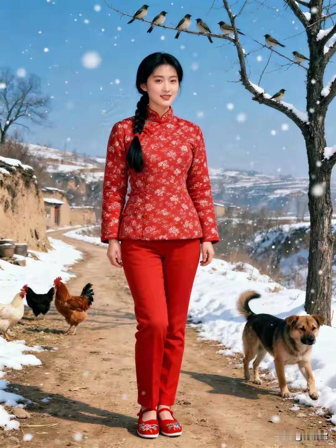 一眼惊艳，土屋雪径
红袄姑娘，冬日乡味
黄土高坡，鸡鸣犬吠
二八佳人，千娇百媚