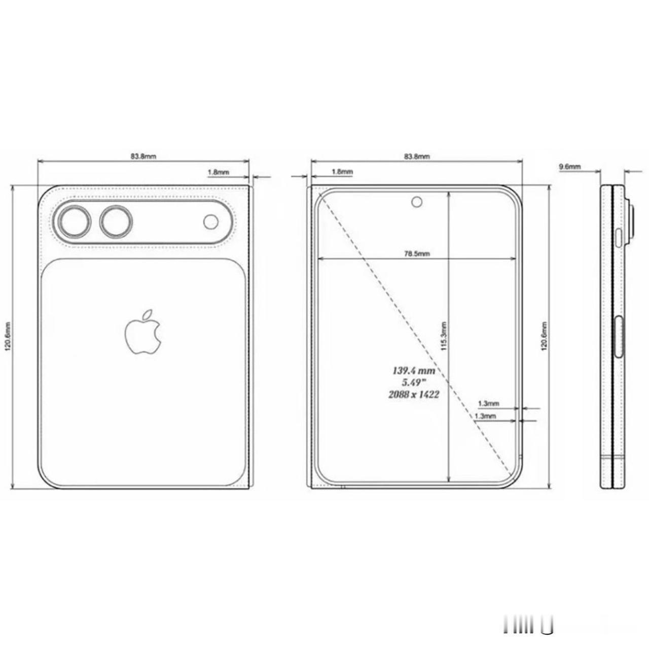 iPhone Fold 的 CAD 图纸出炉了，具体三维数据：

折叠态尺寸为 