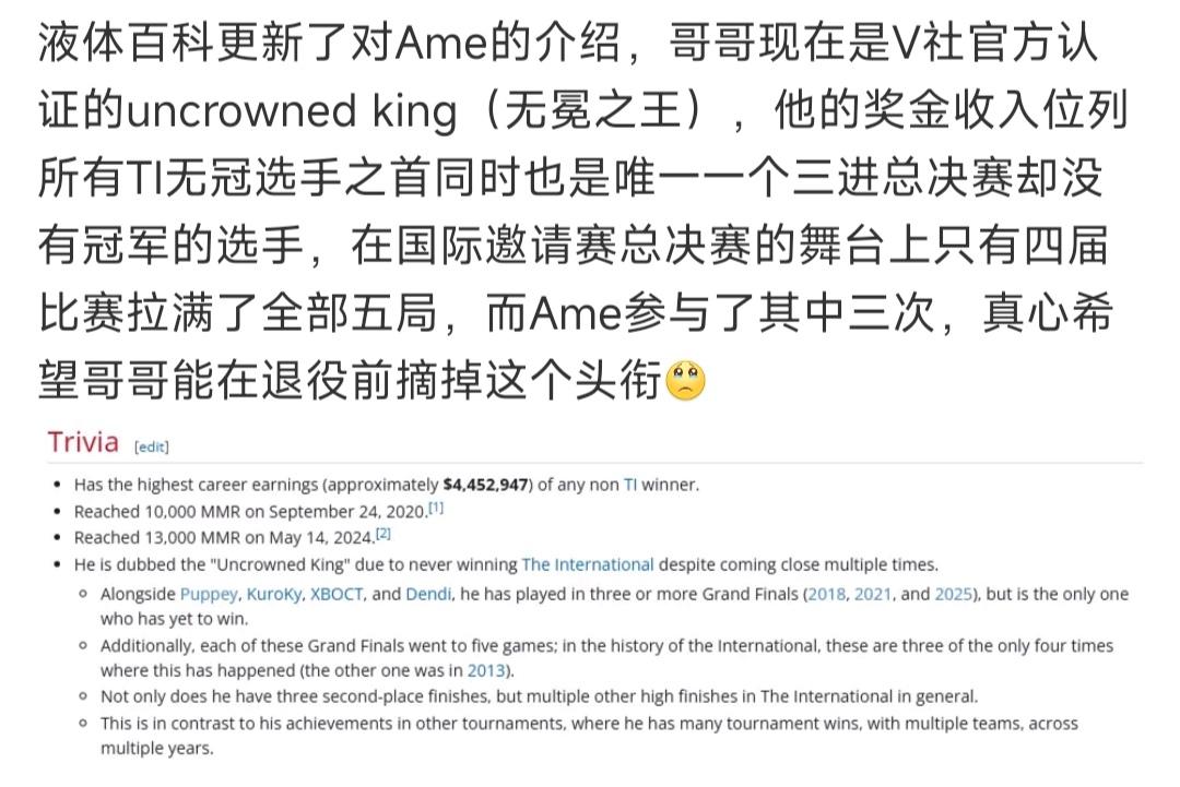 AME现在外网介绍是，刀塔2无冕之王。

总共ti决赛的历史，只有四次打满5局，