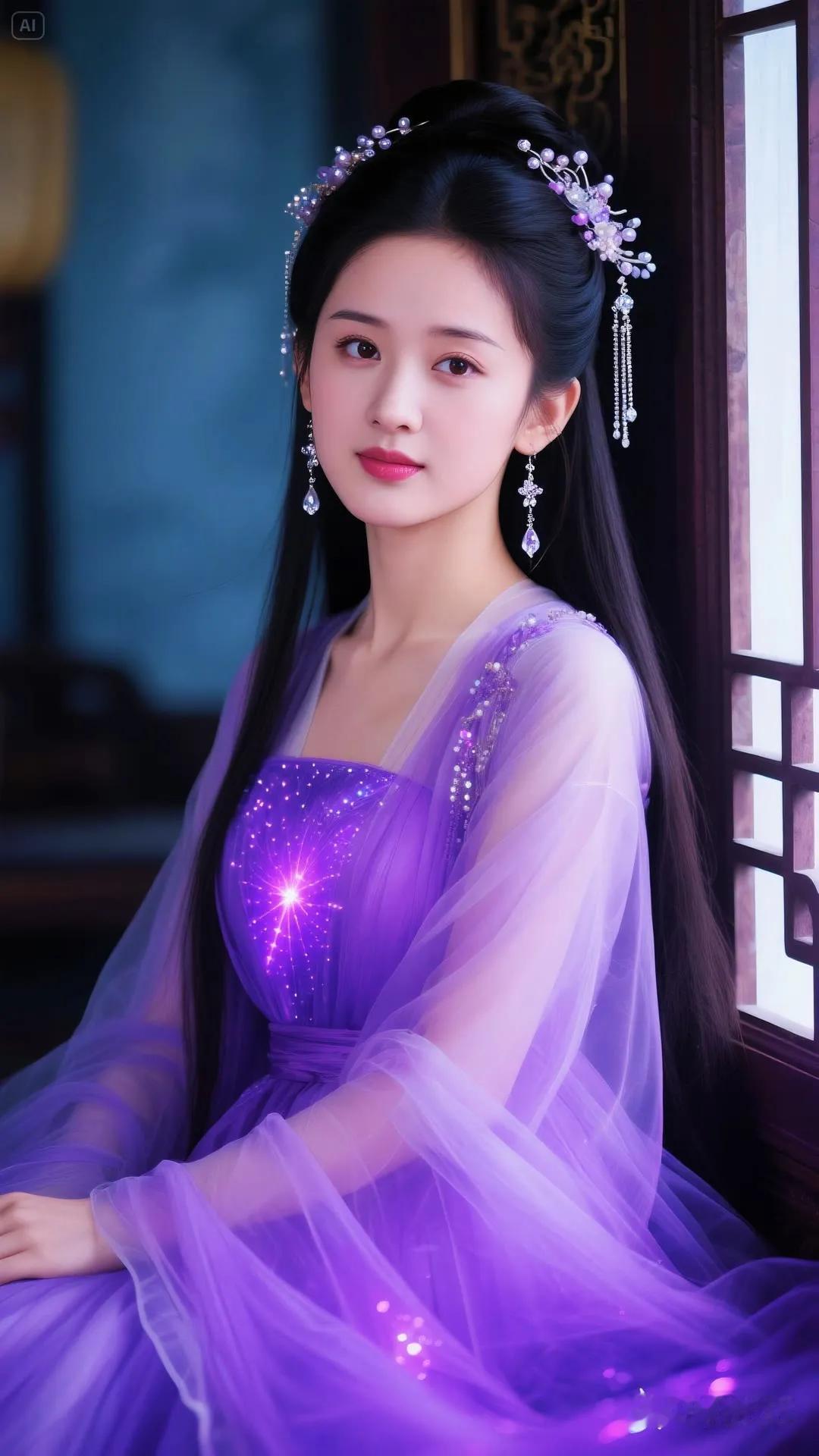 梦幻古风少女，紫色纱裙飘逸，宛如仙子降临。