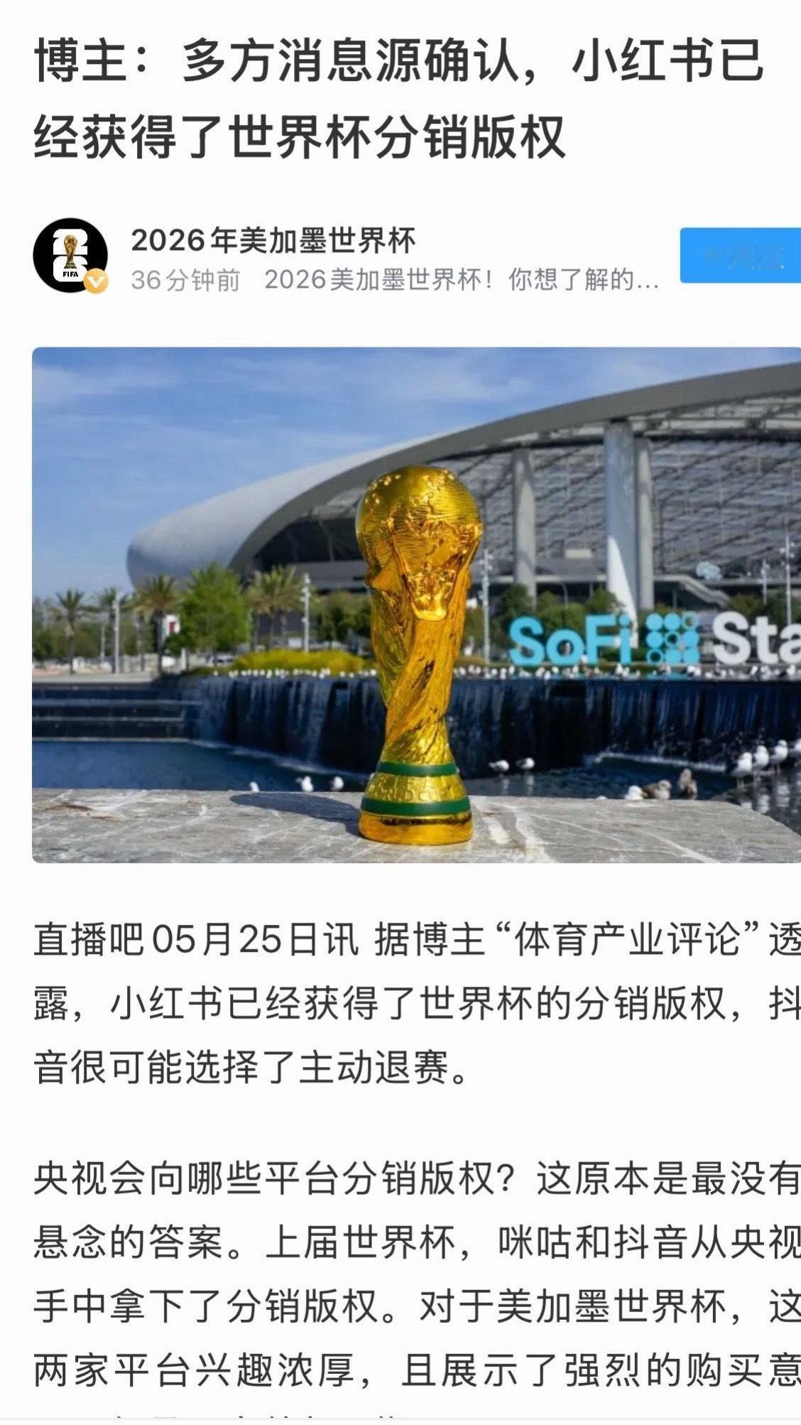 小红书官宣获得世界杯版权厉害了，⚽️喜提世界杯版权！坐等开赛～ 