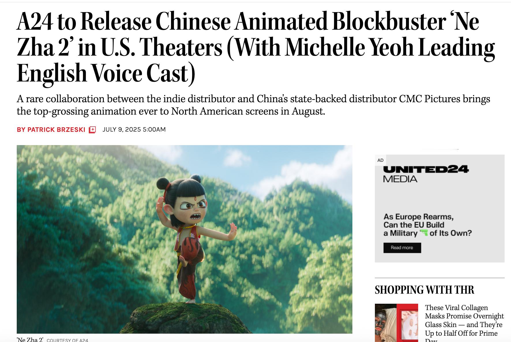 A24将与CMC Pictures合作，在北美院线推出英文版的《哪吒2》，这次的