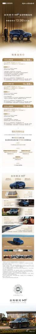 吉利银河M7 预售价格发布，共三款车型，13.98万元—15.68万。还享三重限