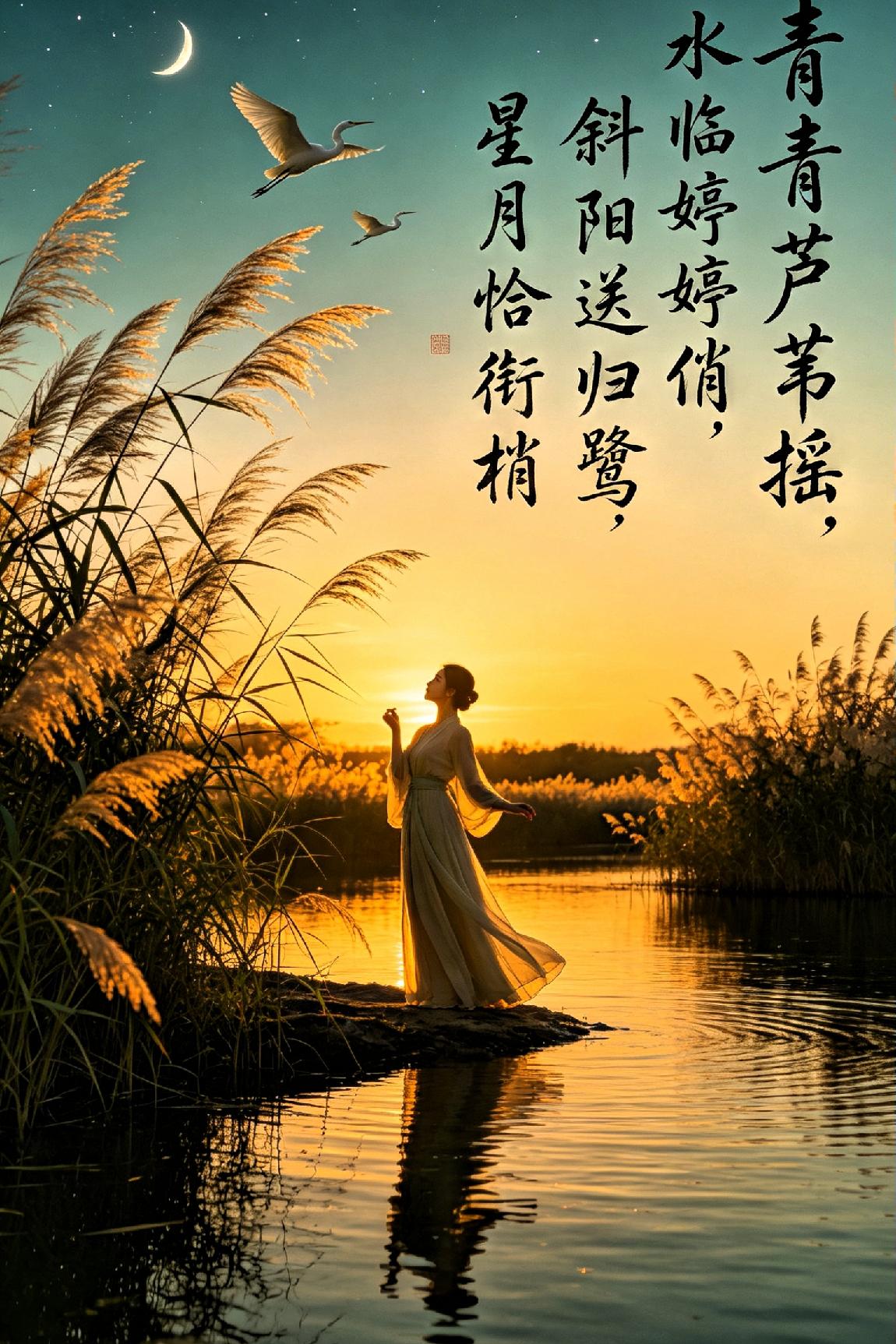《芦汀晚暮》

 
岸畔蒹葭舞翠条，寒波清影自妖娆。

斜阳漫逐归汀鹭，新月初悬