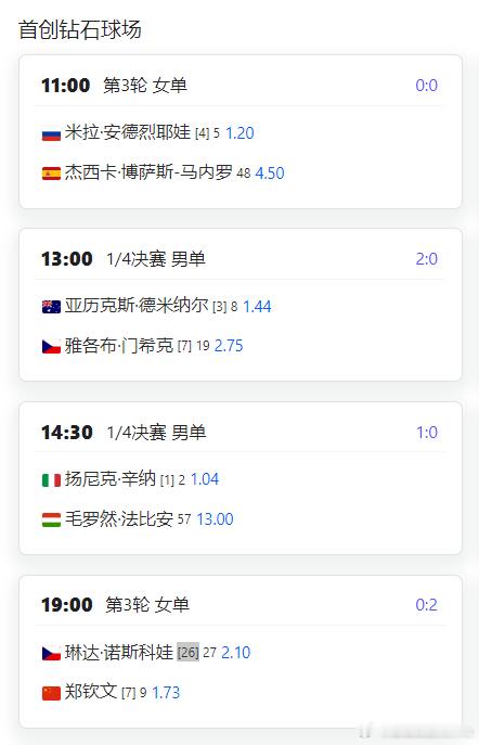 中网女子29日赛程， 钻石球场迎来郑钦文复出第2场比赛。钻石球场19:00  [