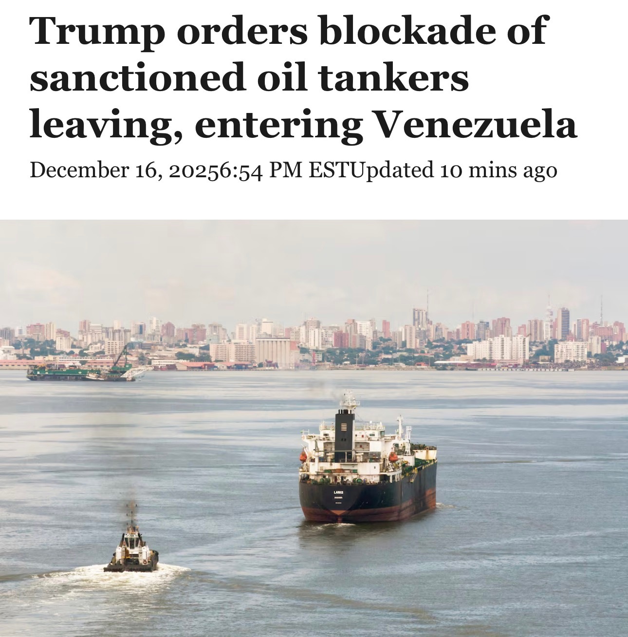 据路透，特朗普周二下令对所有进出委内瑞拉的受制裁油轮，实施"全面彻底"的封锁。海