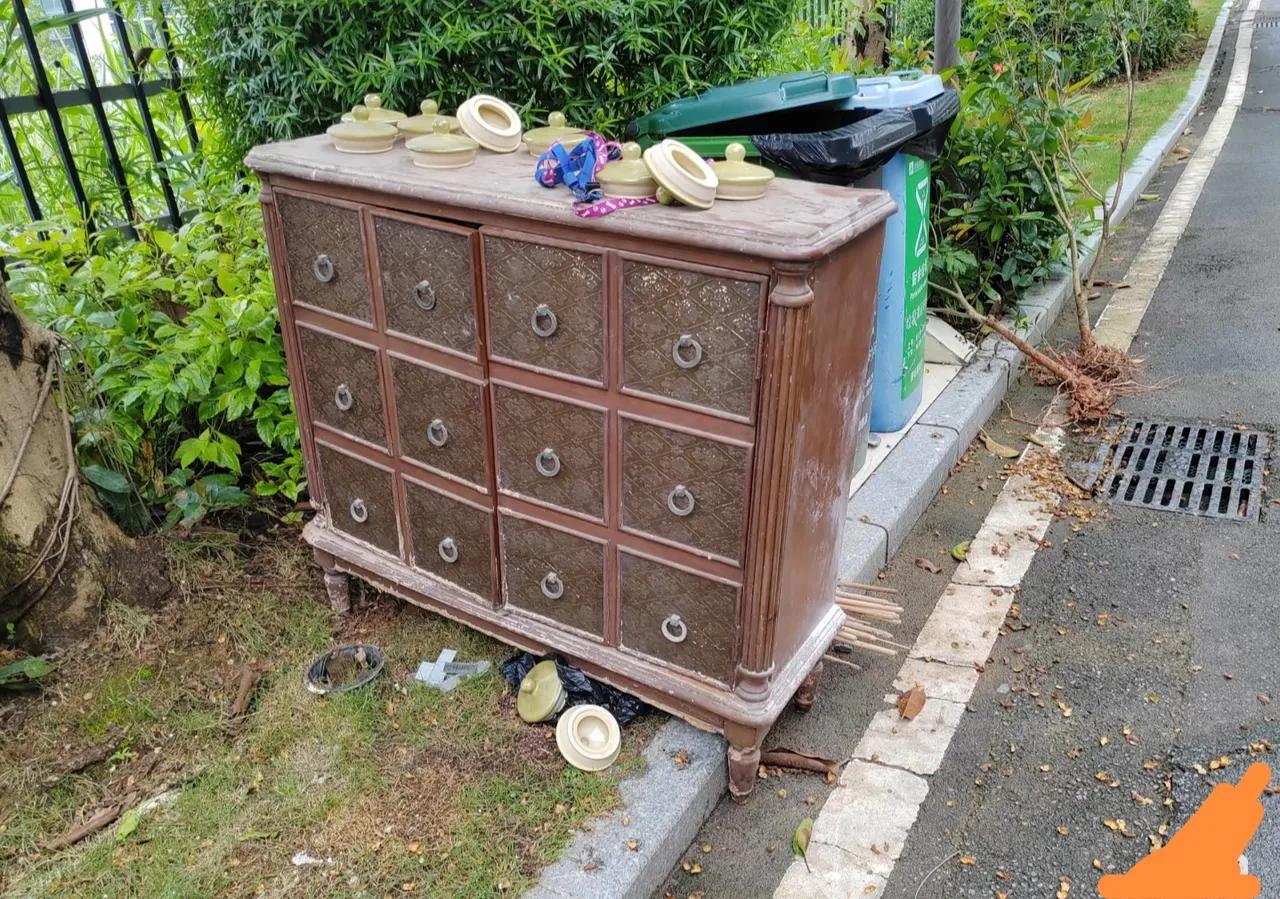 小区垃圾桶旁边看到的，这柜子也不知是哪个有钱人家丢的，看着货色还挺好的，就是不知