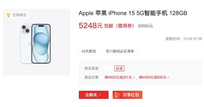 根据电商平台的最新消息，iPhone 15标准版的128GB版本，已经从5999