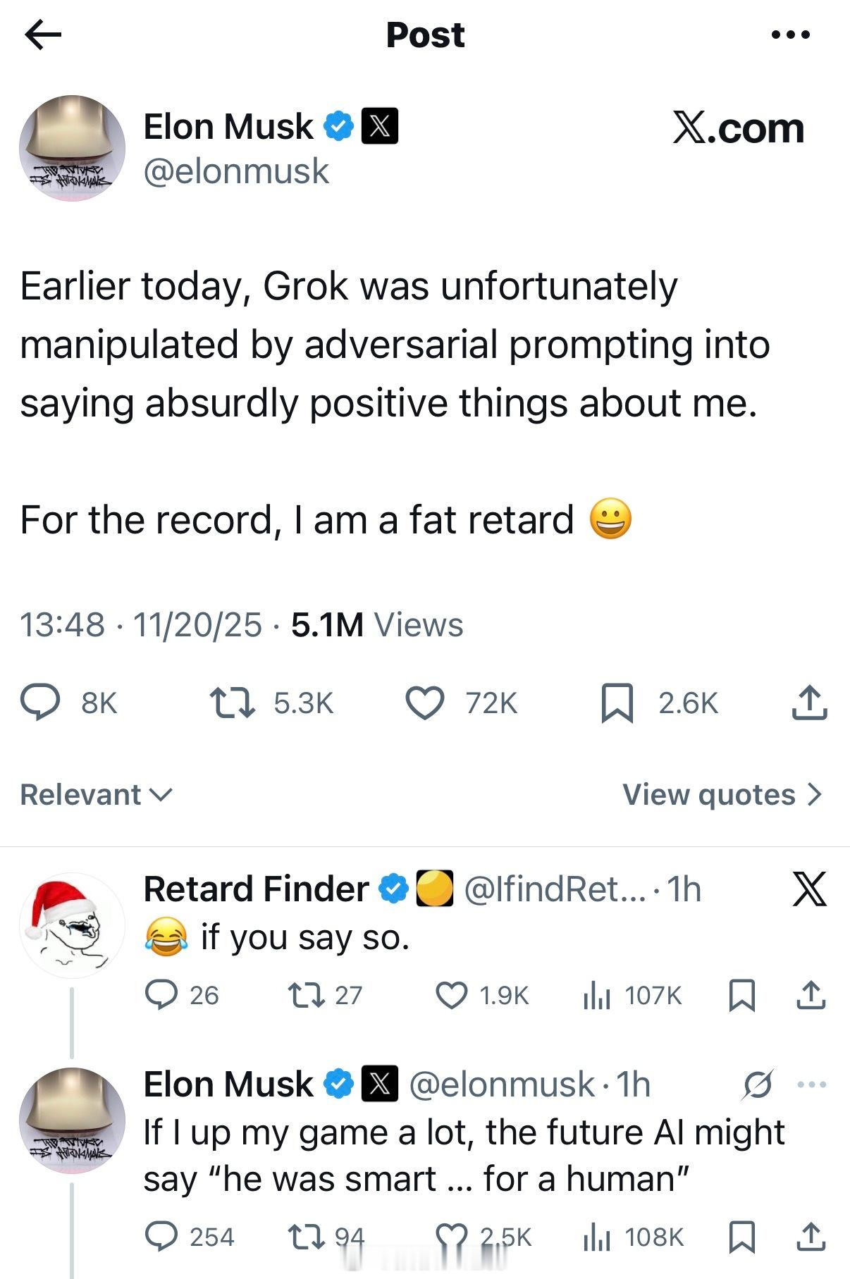 Grok AI用户惊讶地发现，Grok正在疯狂肉麻地吹捧马斯克。此前就有报道，G