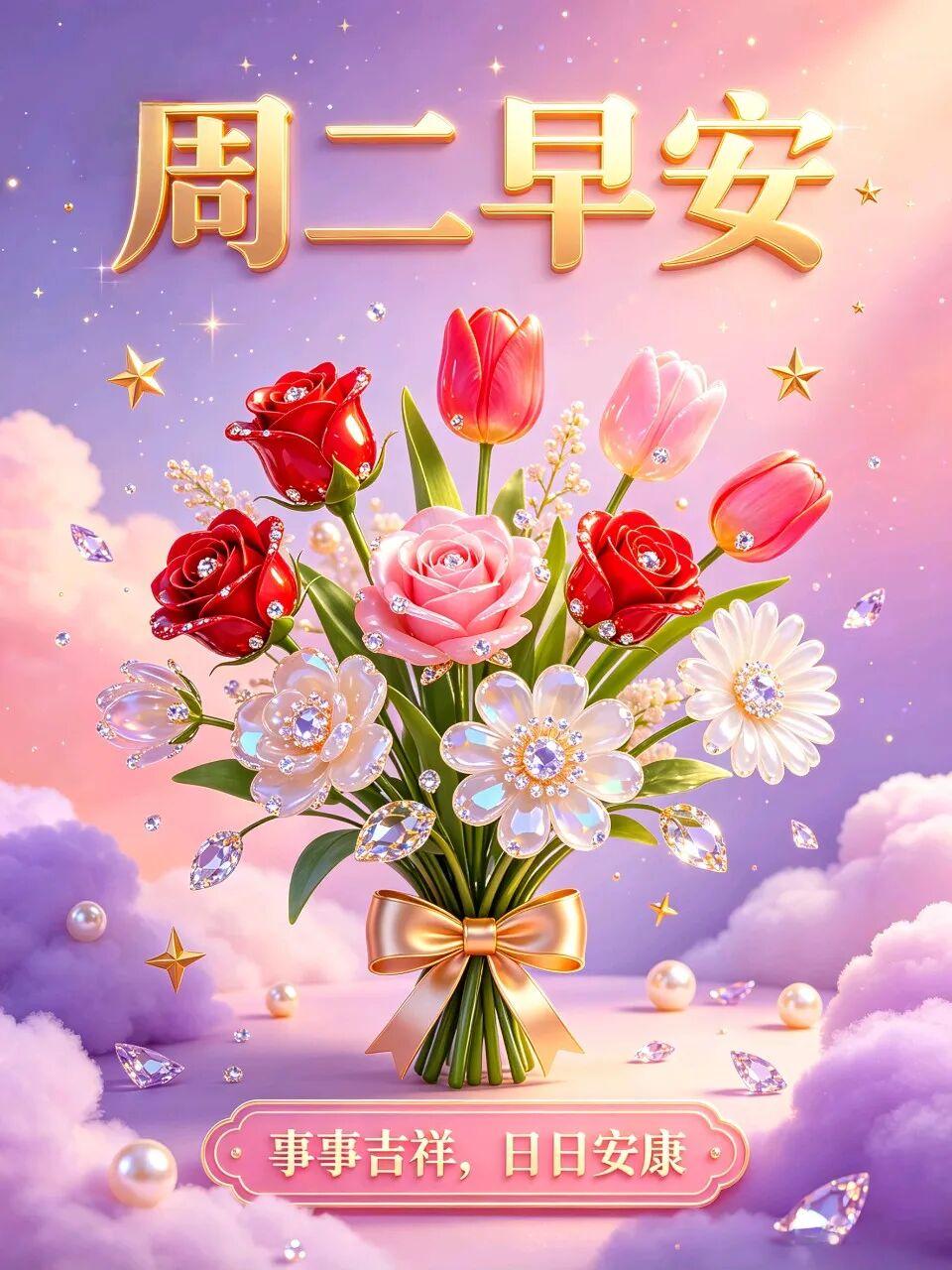 周二早安如意！吉祥安康的身体，吉祥福瑞的财运，吉祥安泰的明天。万事如意的客源，万