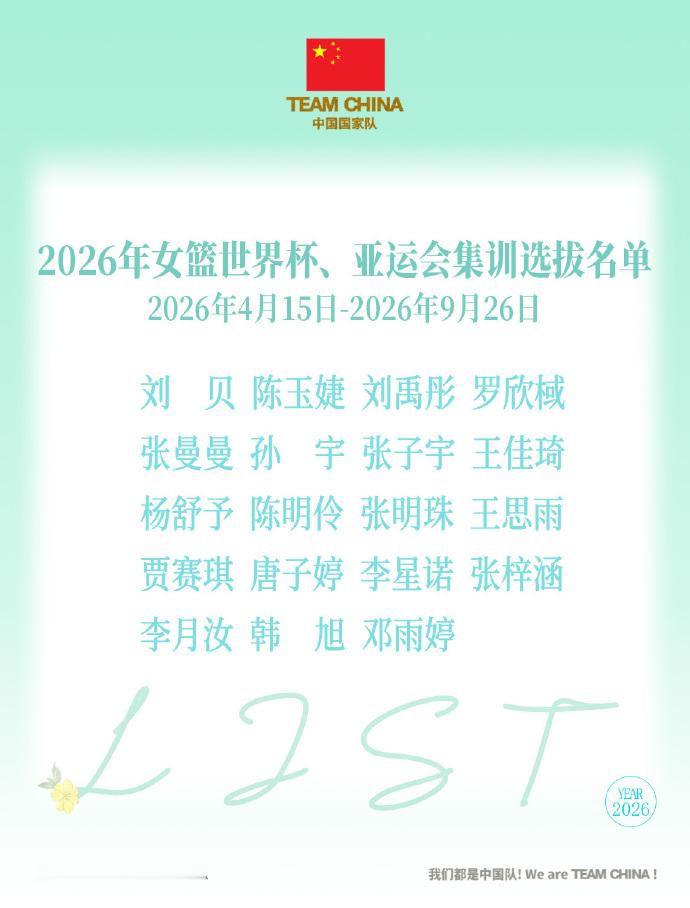 中国女篮公布世界杯亚运会集训名单为备战2026年国际篮联女篮世界杯及爱知·名古屋