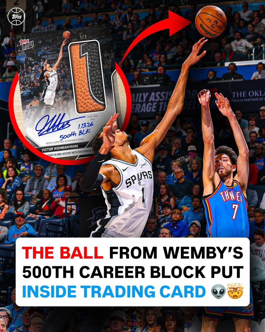 文班亚马生涯500盖帽的比赛用球，被封存进一张1/1亲签的球星卡中👽💵