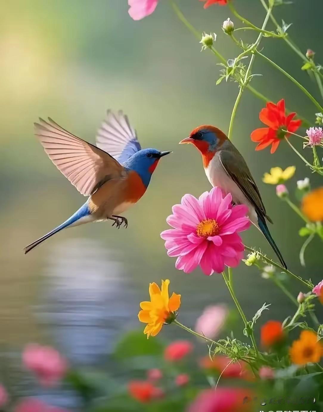 鸟语花香
碧水悠悠绕岸流，
芳草萋萋鹦鹉洲。
南来北往天涯客，
尽向枝头唱自由。
