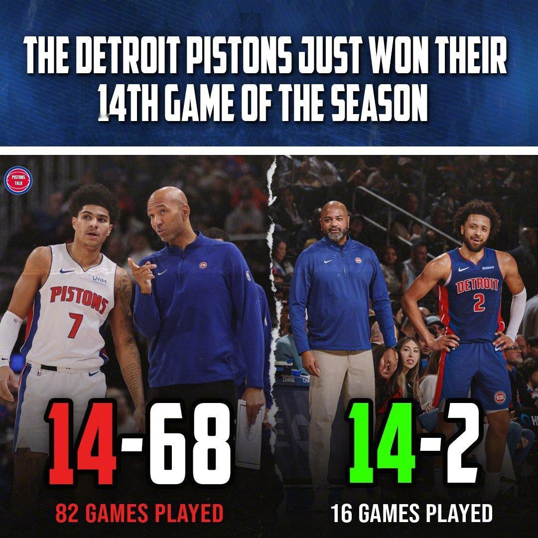 神级进步！23-24赛季活塞14胜68负 而现在才打了16场活塞已经14胜！ 