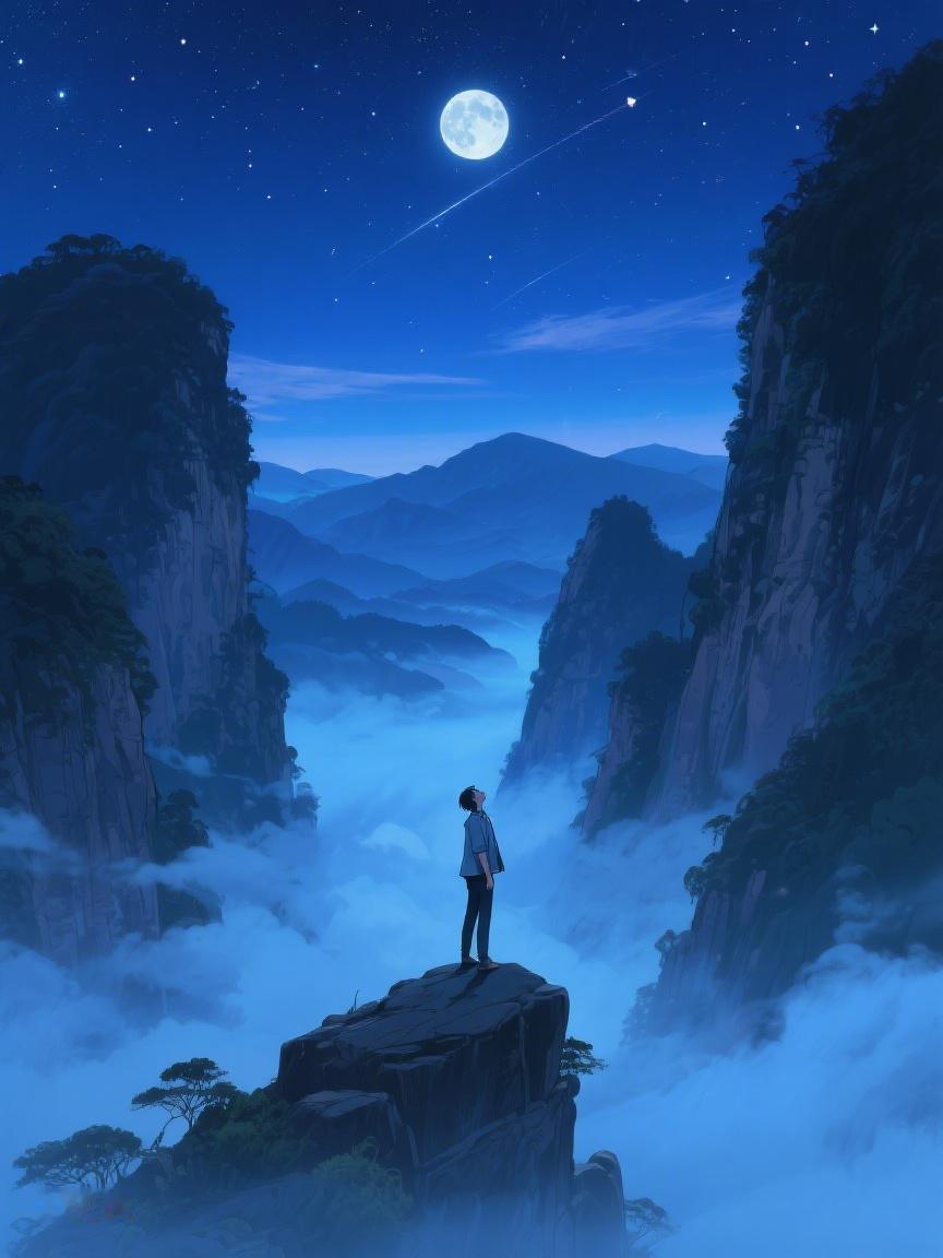 AI妙生图于山巅仰望浩渺星河，云海翻涌，那是宇宙对孤独灵魂的温柔低语🎇