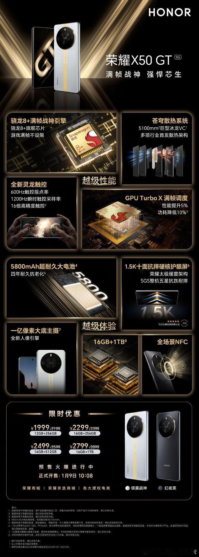 荣耀X50 GT满帧战神引擎，带来强劲性能体验；战神防护体系，十面抗摔；极端场景