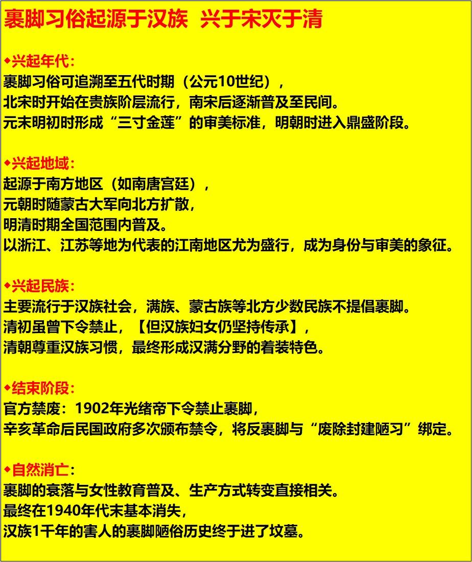 汉族女人裹足陋习的起源和消亡
1. 起源：始于五代南唐，后主李煜令宫女裹小脚跳舞