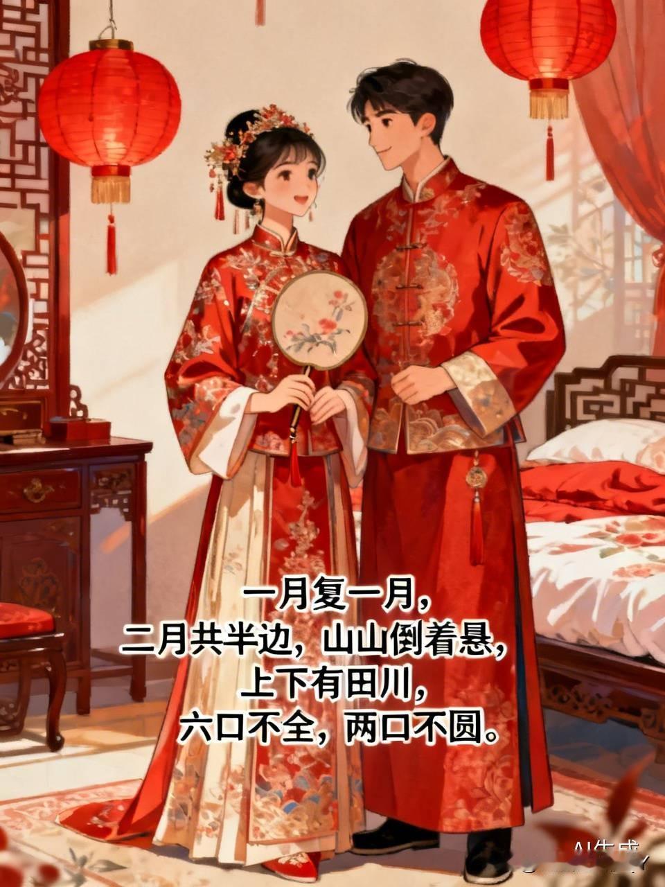 新婚趣事
在洞房里，新娘突发奇想，打算给老公来个“下马威”。
新娘说：“我出个字