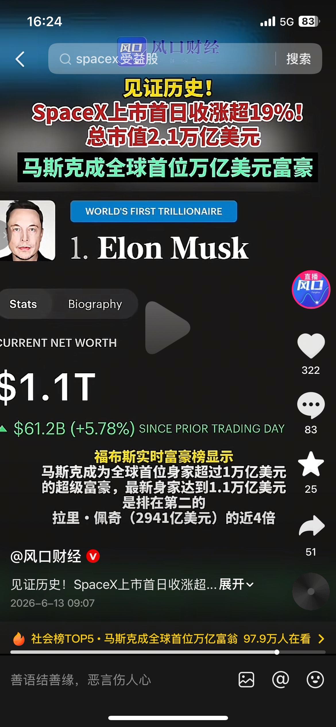 SpaceX上市首日涨近20%，马斯克成全球万亿富豪
SpaceX登陆纳斯达克首