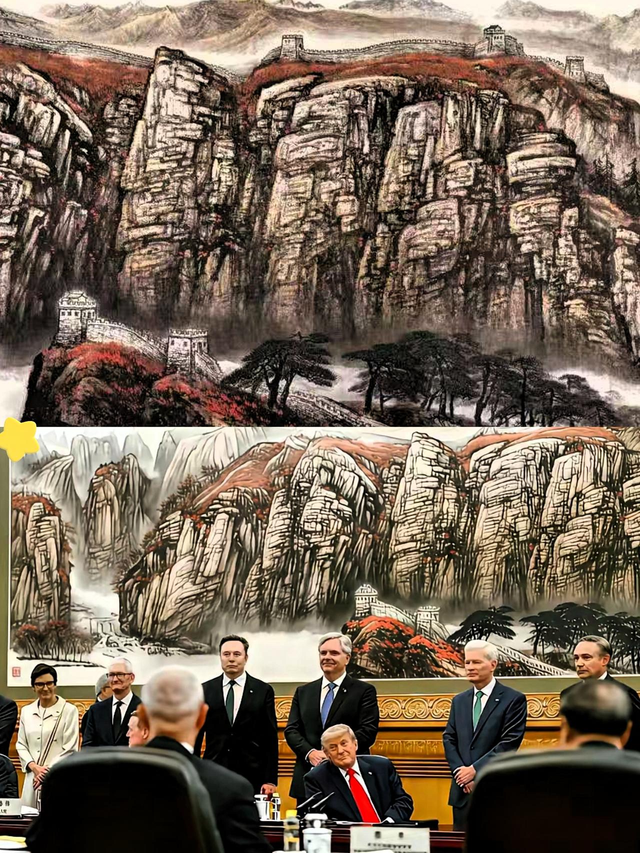一张白宫官方合影引发全网热议，画面中一众政要端坐，真正焦点却是背景那幅《幽燕金秋