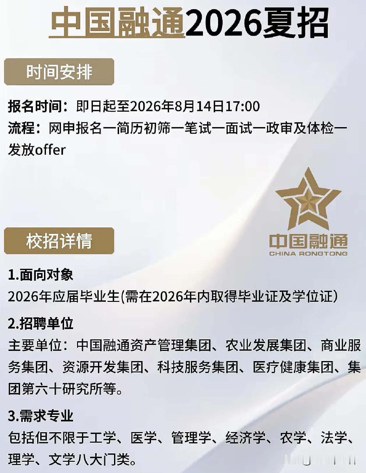同学们，中国融通2026夏招已经正式启动，这不是普通的企业招聘，而是你们应届身份