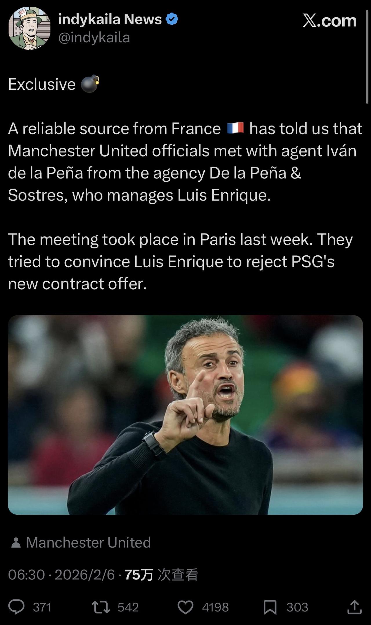 绿桶盖的消息，他说曼联试图说服恩里克不要和巴黎续约。
但很多法国媒体报道是，利物