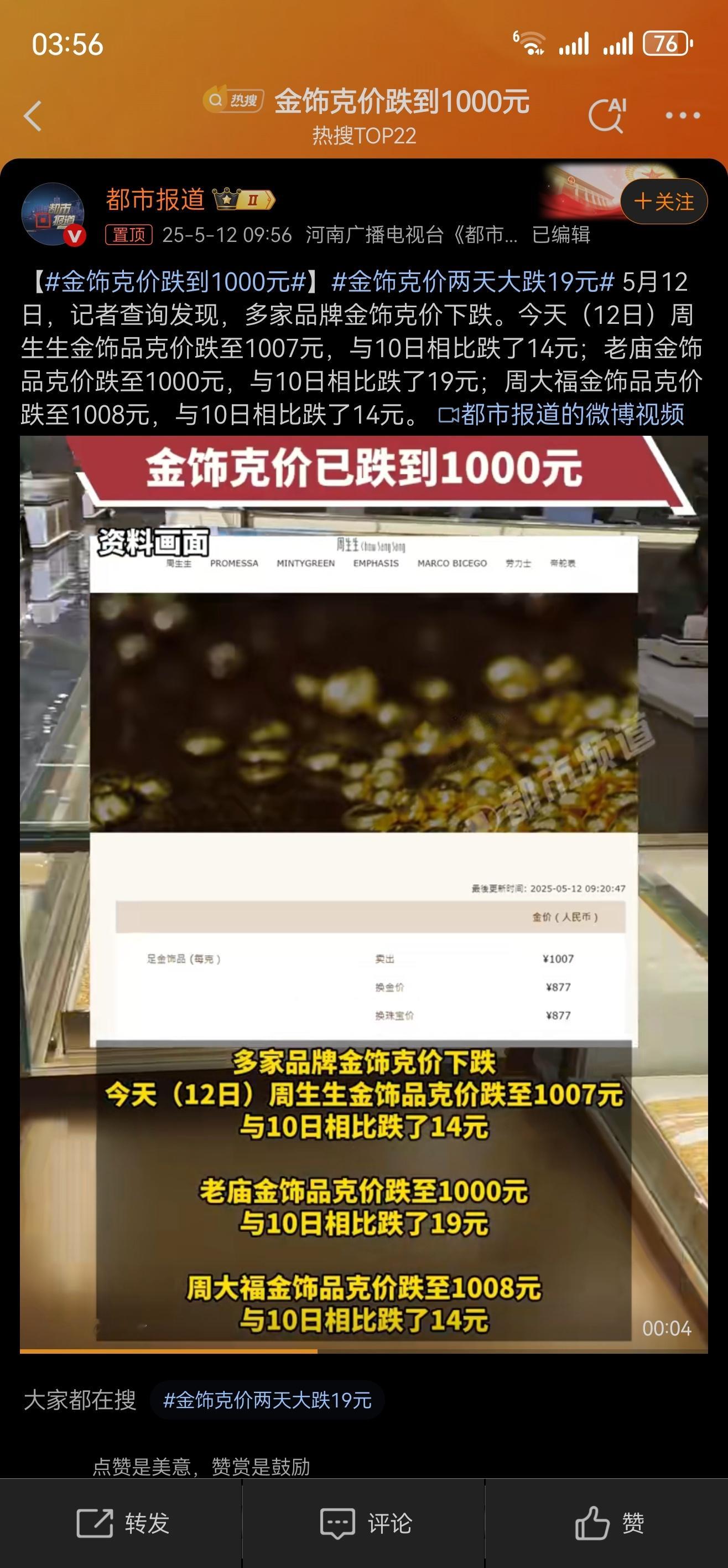 金饰克价跌到1000元好个大跌 一顿外卖都没跌出来[允悲]招笑嘛这是 ​​​