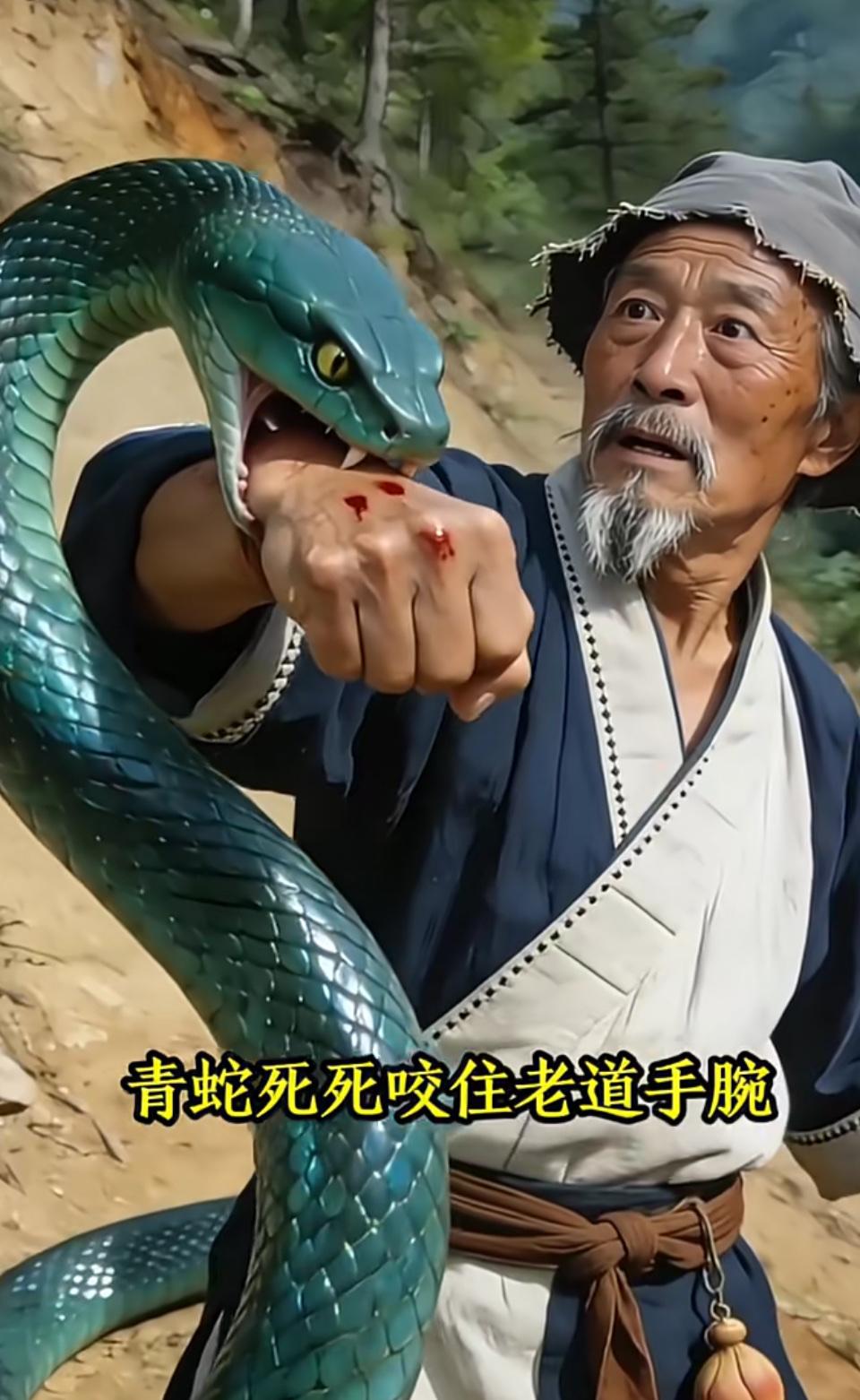 1. 青蛇死死咬住老道手腕，这场面谁看了不捏把汗

2. 老道深山遇青蛇，一口下