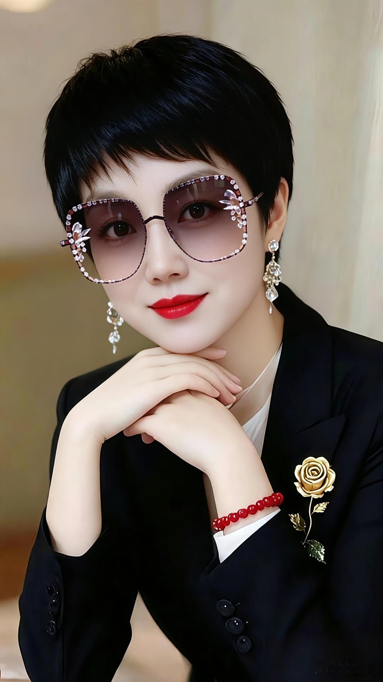 短发飒爽，自带风华
 
短发清爽气质佳😎
镶钻眼镜衬芳华
金花胸针添雅韵
红唇